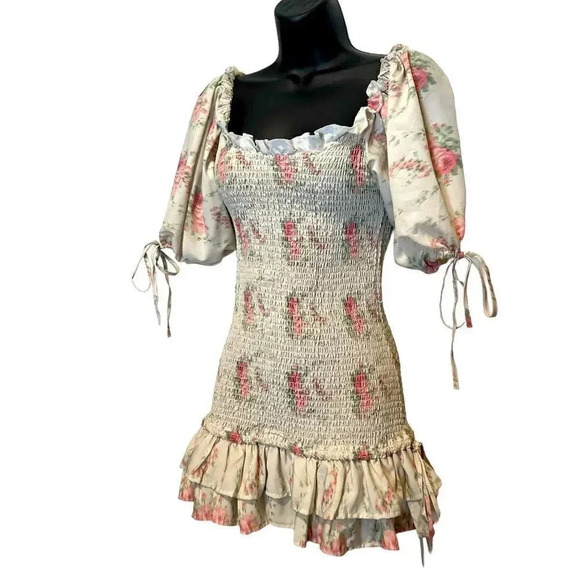 NWT 70/21 Coquette Smocked Puff Sleeve Ruffle Mini Floral Dress Womens Small - Picture 2 of 11